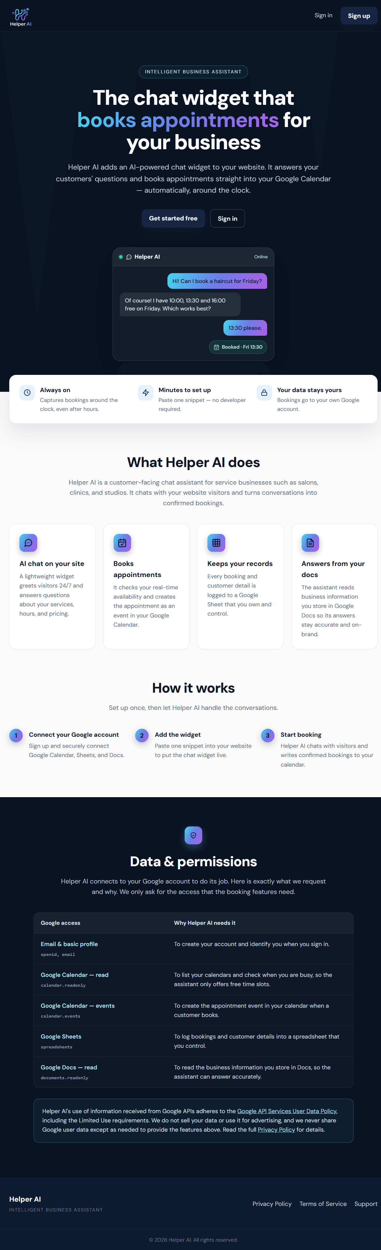 Helper AI landing page: the chat widget that books appointments for your business