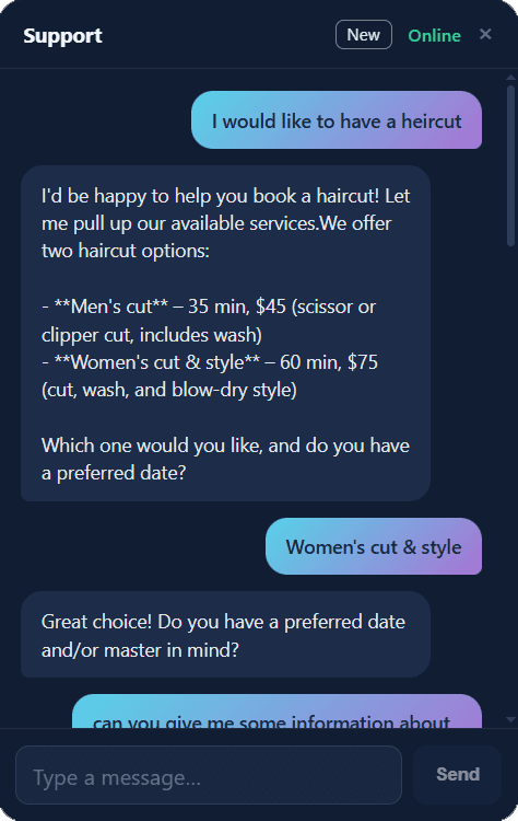 Helper chat widget booking a haircut in a real conversation